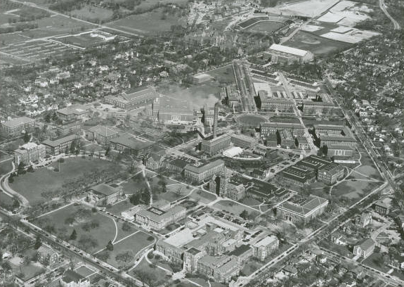 A 1950s aerial photo of Purdue's West Lafayette campus.