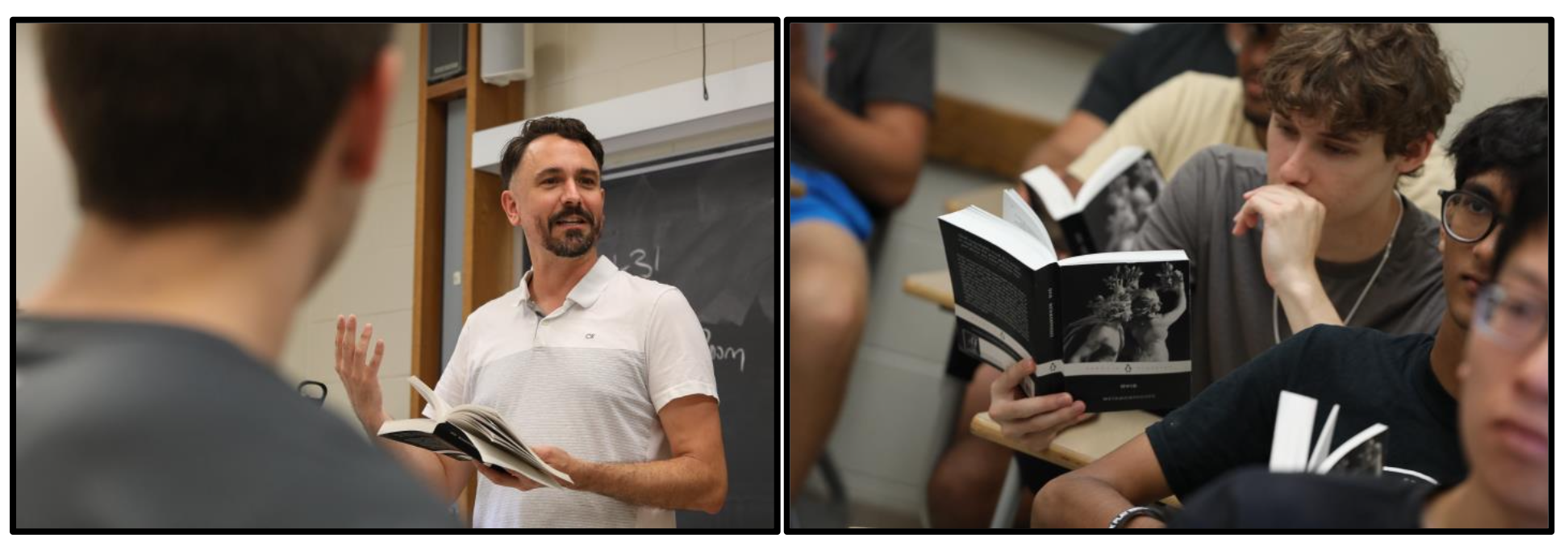 Image on left shows Prof. Tom Robson teaching Metamorphoses by Ovid. Image on right shows student in Prof. Robson's class.