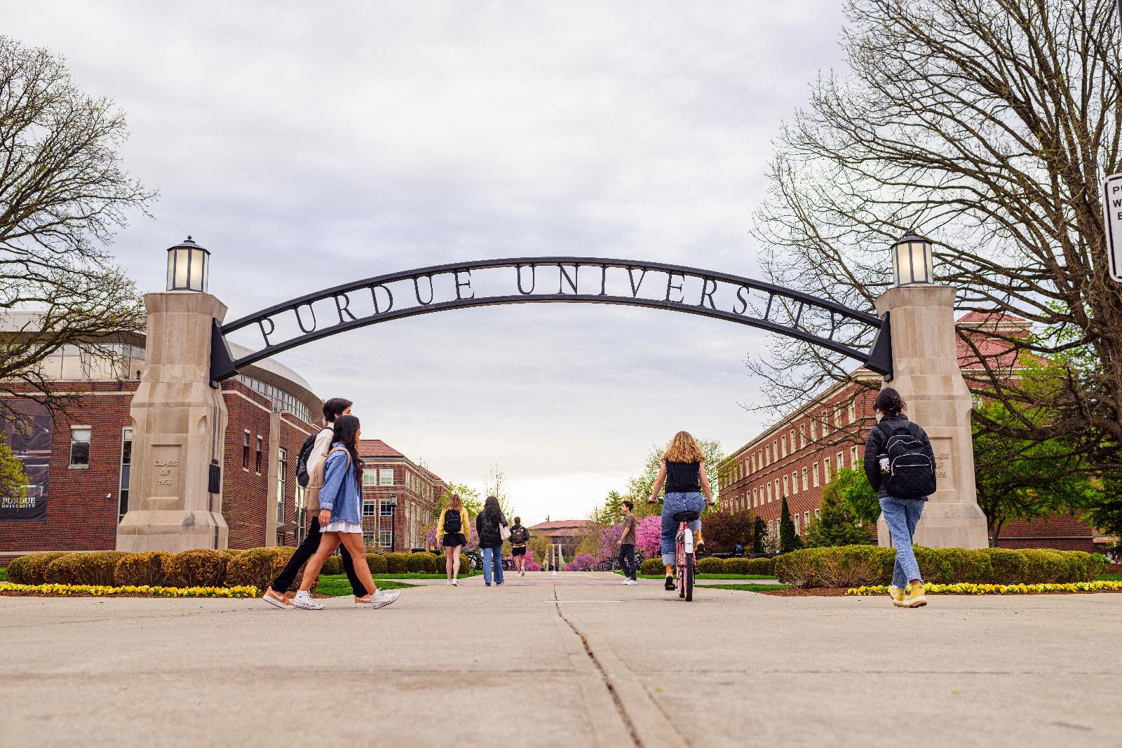 A view of the Purdue arch on campus.
