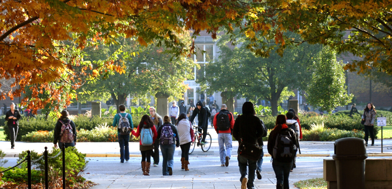 Students walking outdoors in the fall