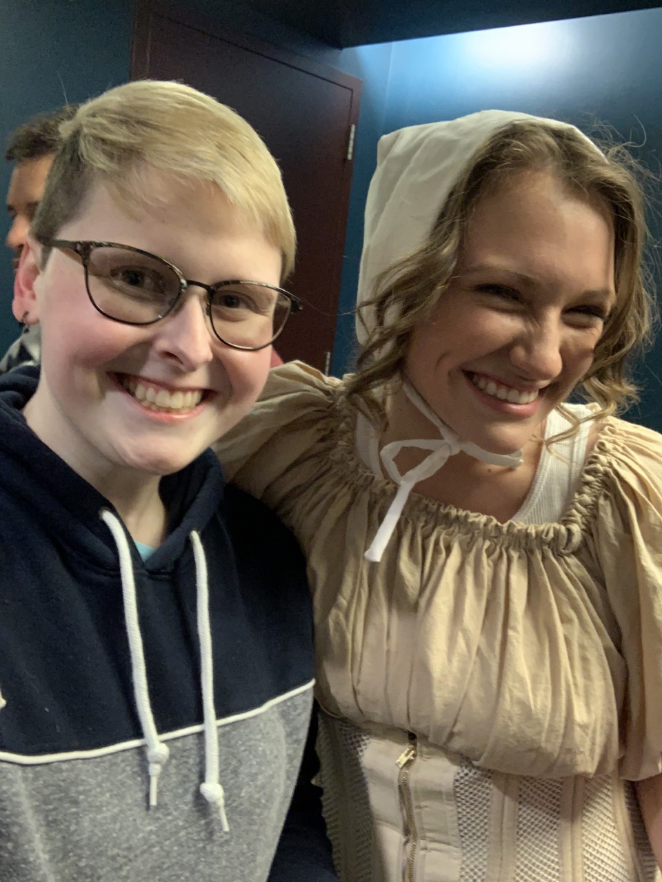 Post show, Rachel Dexter and Alexandria (Ally) Shinkan smiled for a quick photo outside the Mallett Theatre. Shinkan portrayed Bonnet #7/Mrs. Wolcott. The bonnet was a project for Dexter’s millinery class this semester. (Photo provided.)