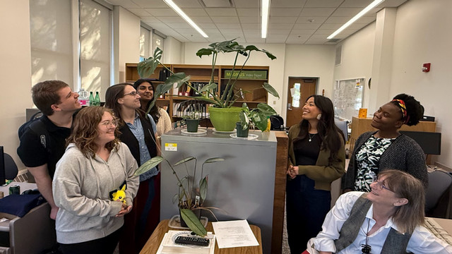 Grad student and professor smiling and looking up at a plant