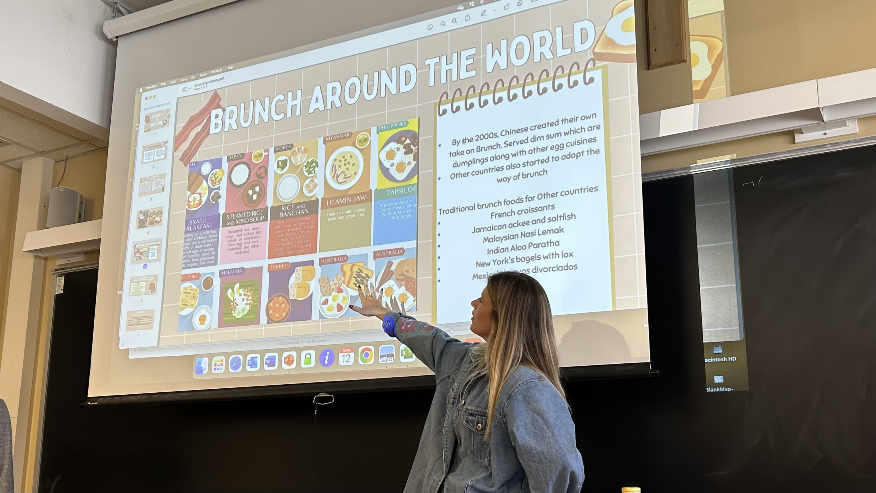 Person Presenting a Slide About Brunch Around the World in a Classroom