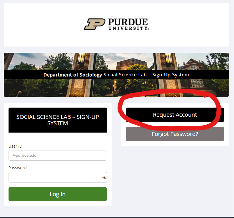 Screenshot of Sona page where "Request an account" is circled in red for emphasis