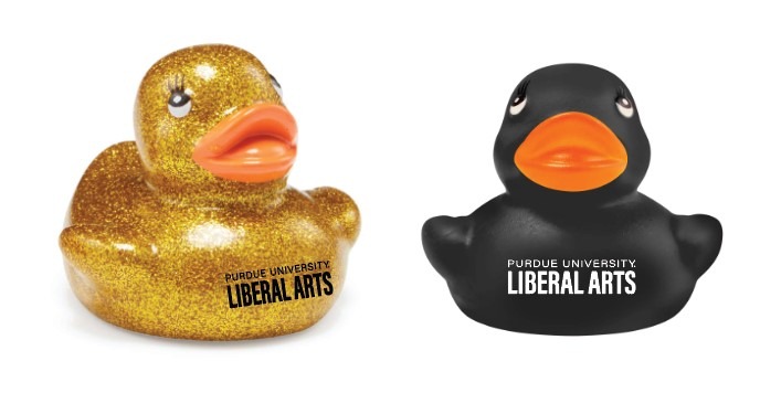 Two rubber ducks that have Purdue University Liberal Arts written on them
