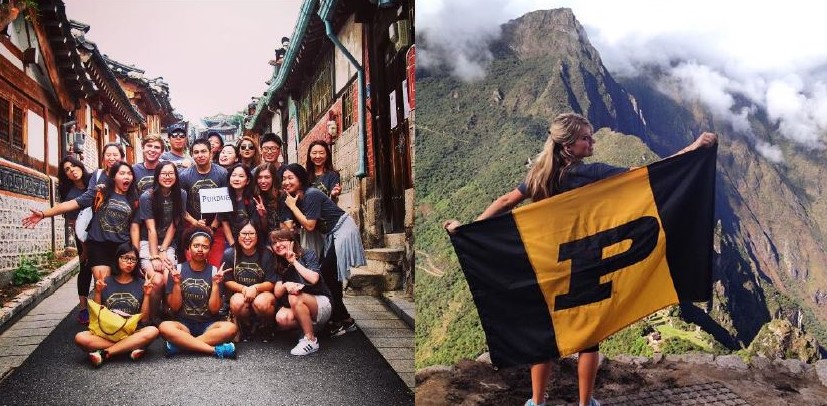 two photos, one of a group of 19 students posing for a photo in a country and one of a student standing on a mountain side holding a Purdue flag up