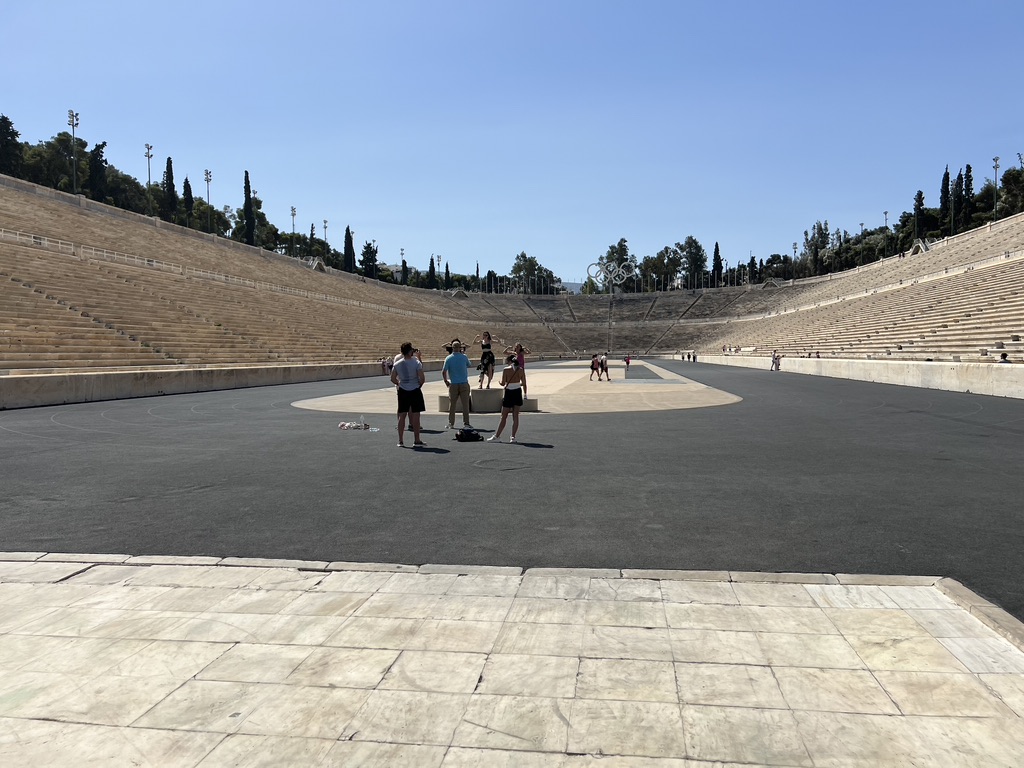 Purdue students in the reconstructed stadium of the first modern Olympic Games in Athens.
