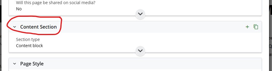 The Content Section is located after the Social Media Section and before the Page Style section.