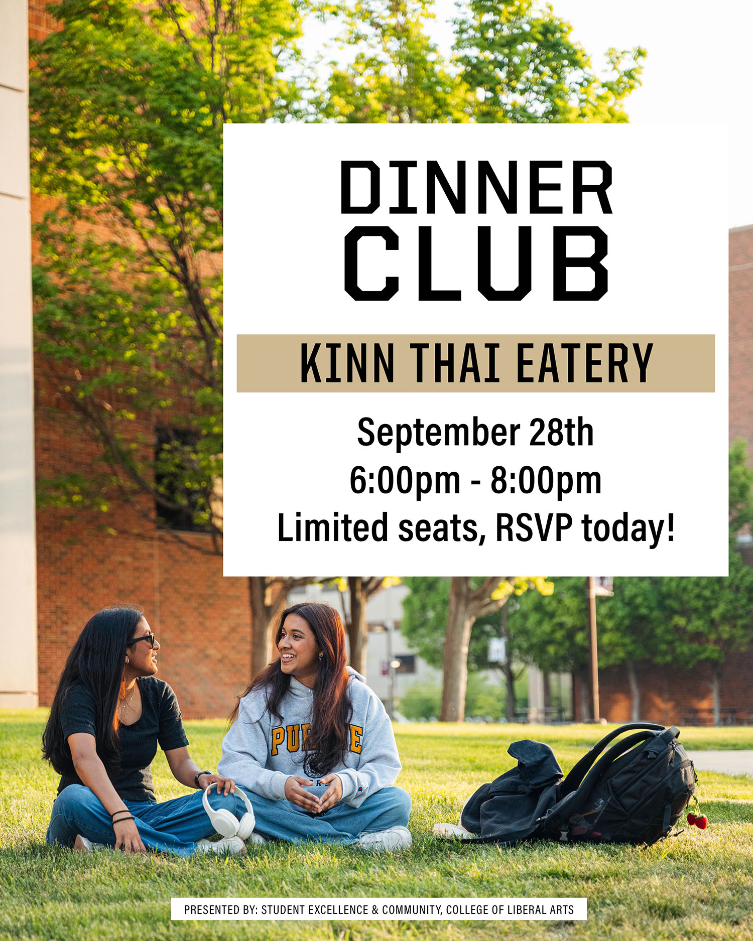 A flyer containing dates and times for dinner club. The dates include January 28th, Wednesday 6-8pm. February 24th, Tuesday 6-8pm, April 2nd Thursday, 6-8pm.