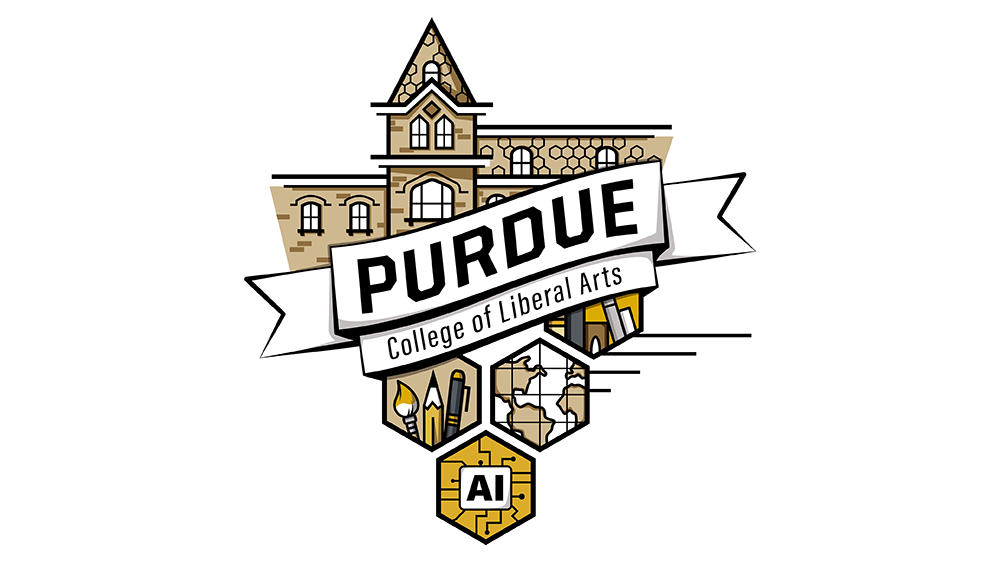 Illustration of the University Hall building with the words Purdue - College of Liberal Arts" on top of it.