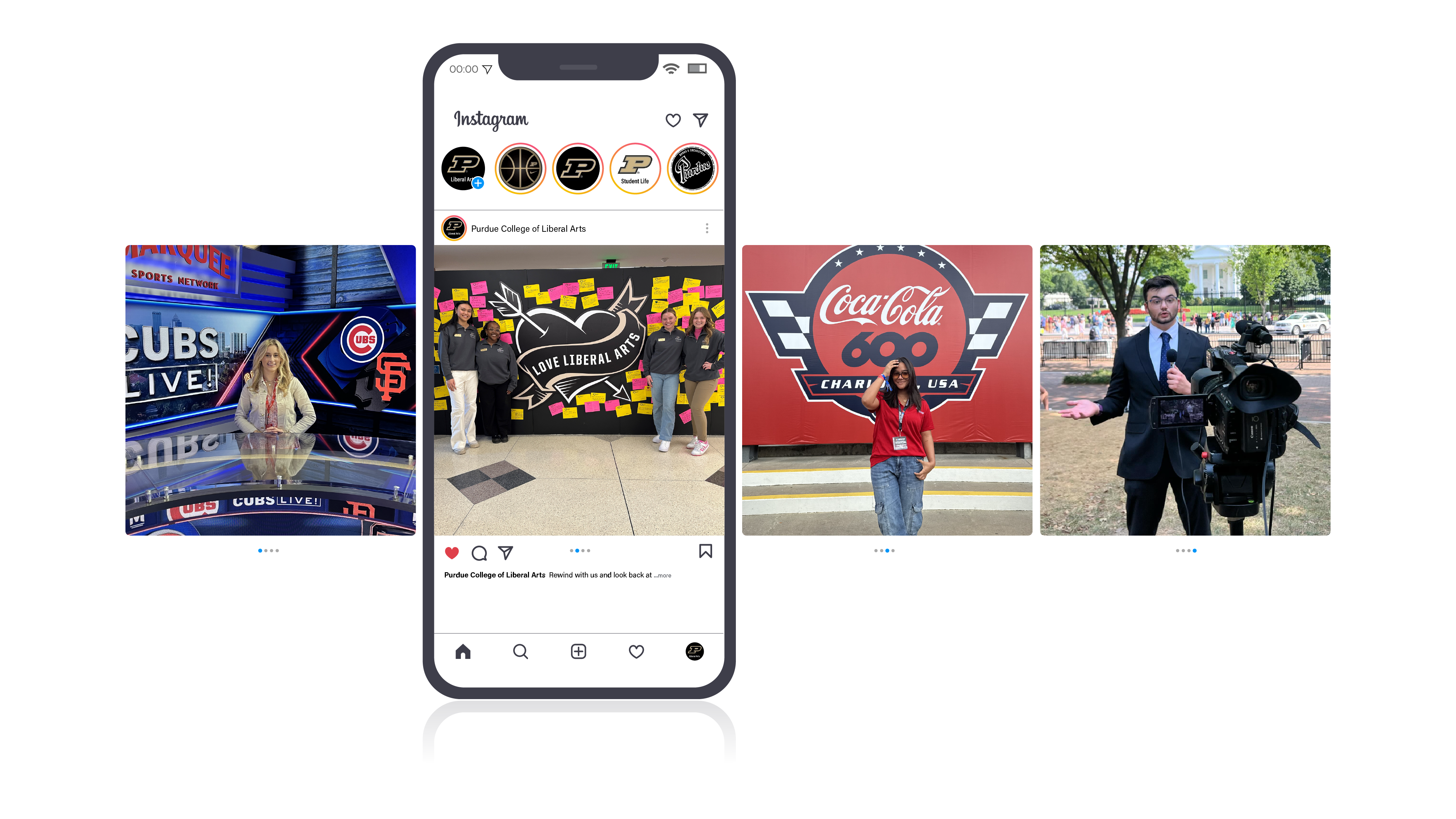 A cell phone with various Purdue campus photos scrolling past.